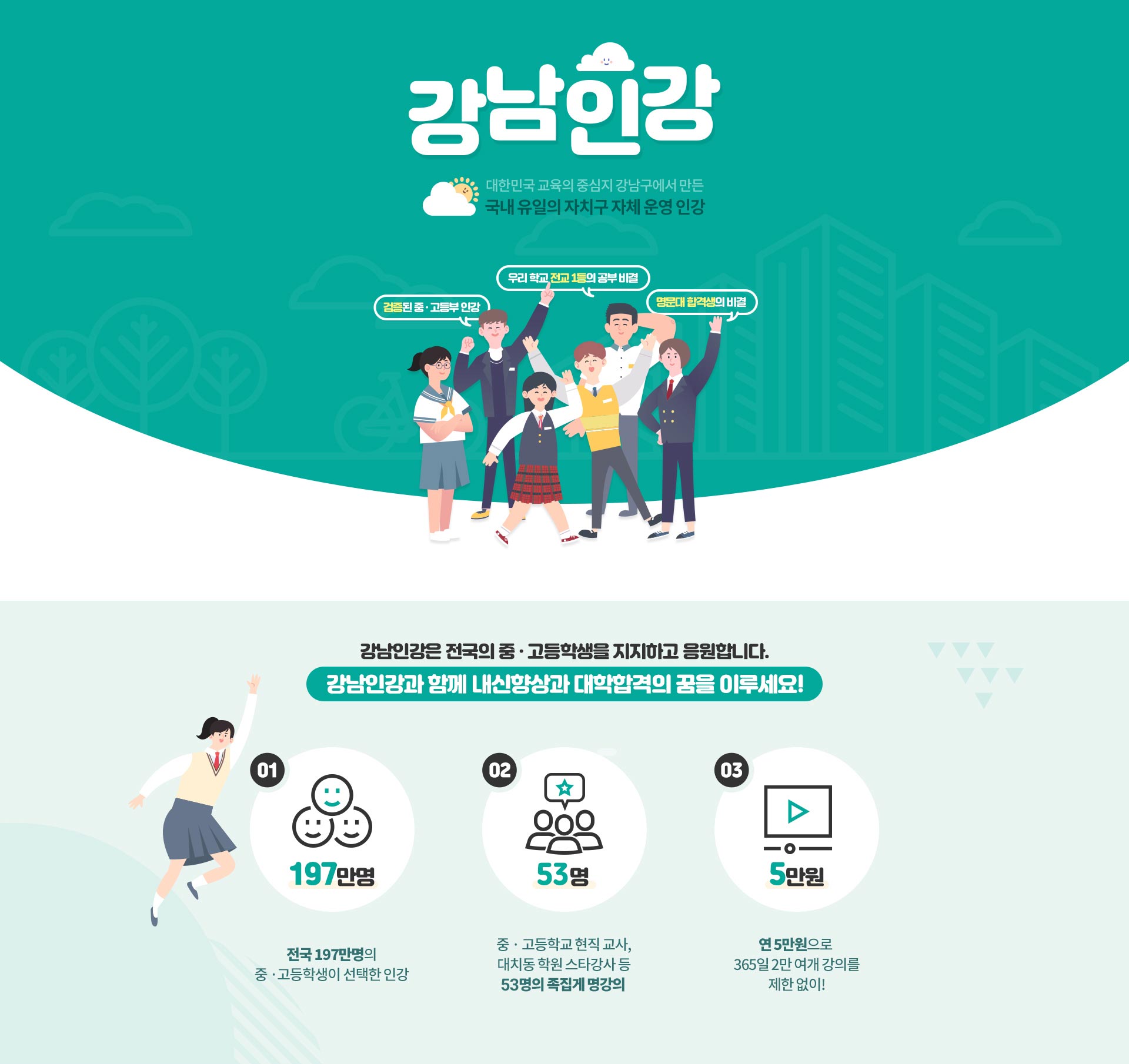 강남인강 대한민국 교육의 중심지 강남구에서 만든 국내 유일의 자치구 자체 운영 인강 검증된 중,고등부 인강, 우리학교 전교 1등의 공부 비결 명문대 합격생의 비결 강남인강은 전국의 중,고등학생을 지지하고 응원합니다. 강남인강과 함께 내신향상과 대학합격의 꿈을 이루세요! 1. 197만명 전국 197만명의 중고등학생이 선택한 인강 2. 53명 중고등학교 현직교사, 대치동 학원 스타강사 등 53명의 족집게 명강의 3. 5만원 연 5만원으로 365일 2만여개 강의를 제한없이!